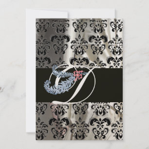 DIAMOND FEATHER GOLD BLACK SILK DAMASK MONOGRAM INVITATION