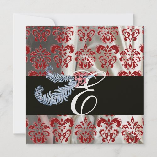 DIAMOND FEATHER RED WHITE ICE SILK DAMASK MONOGRAM INVITATION