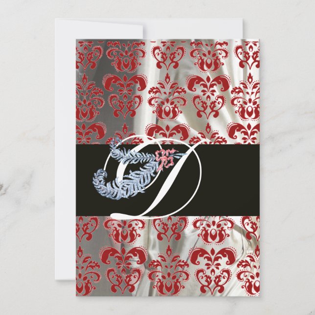 DIAMOND FEATHER RED WHITE SILK DAMASK MONOGRAM INVITATION (Front)