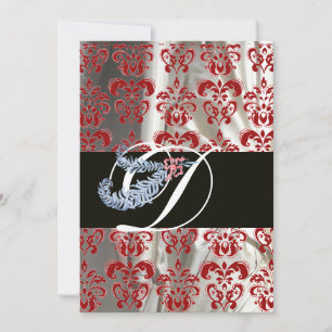 DIAMOND FEATHER RED WHITE SILK DAMASK MONOGRAM INVITATION