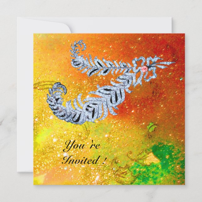 DIAMOND FEATHERS ,brown yellow green gold sparkles Invitation (Front)