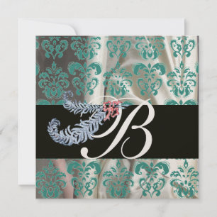 DIAMOND FEATHERS GOLD BLUE SILK DAMASK MONOGRAM INVITATION