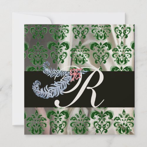 DIAMOND FEATHERS GREEN GOLD SILK DAMASK MONOGRAM INVITATION