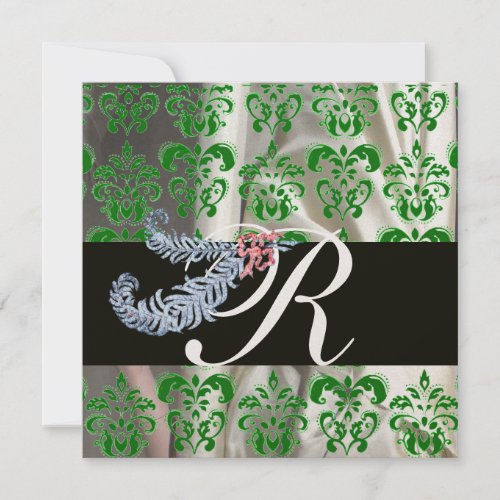 DIAMOND FEATHERS GREEN GOLD SILK DAMASK MONOGRAM INVITATION