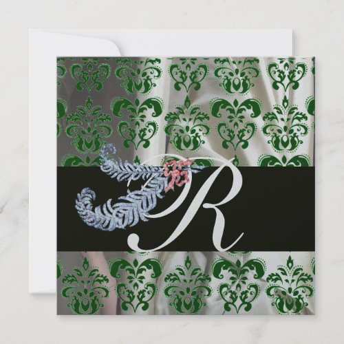 DIAMOND FEATHERS GREEN SILVER SILK DAMASK MONOGRAM INVITATION