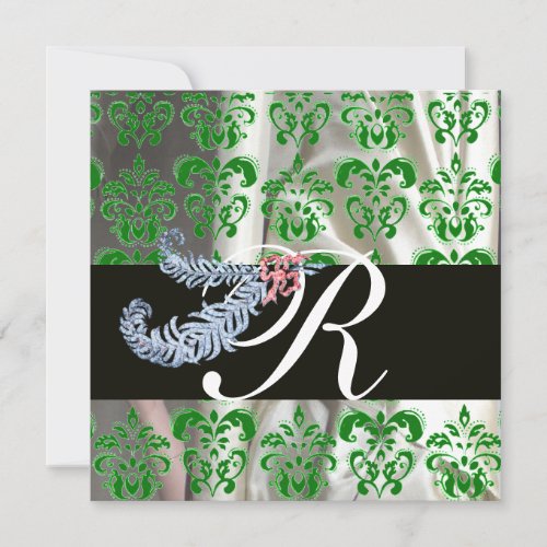 DIAMOND FEATHERS GREEN WHITE SILK DAMASK MONOGRAM INVITATION