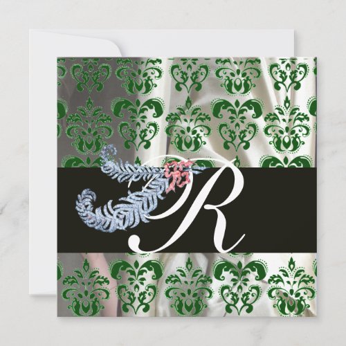 DIAMOND FEATHERS GREEN WHITE SILK DAMASK MONOGRAM INVITATION