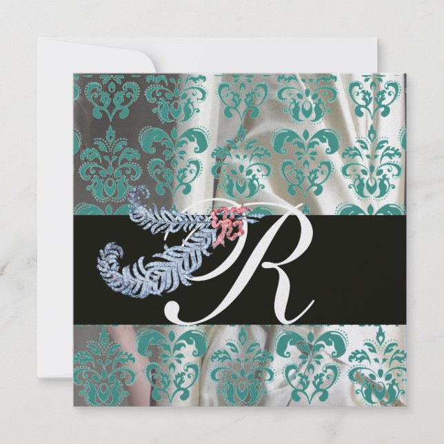 DIAMOND FEATHERS ICE BLUE SILK DAMASK MONOGRAM INVITATION (Front)