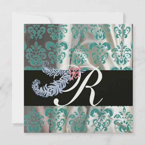 DIAMOND FEATHERS ICE BLUE SILK DAMASK MONOGRAM INVITATION