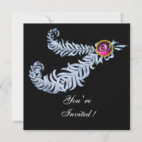 DIAMOND FEATHERS MONOGRAM red ruby pink Invitation