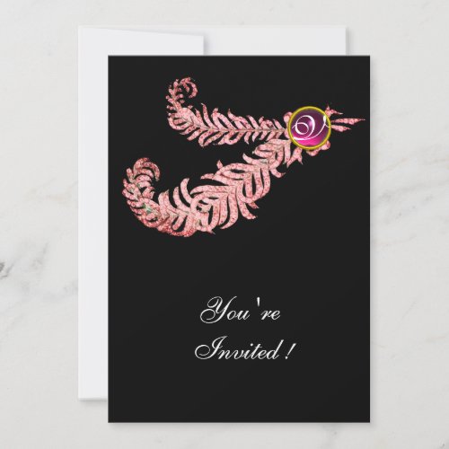 DIAMOND FEATHERS MONOGRAM red ruby pink Invitation