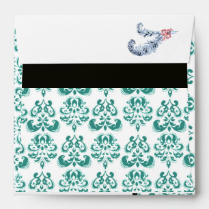 DIAMOND FEATHERS PINK BLUE ,BLACK AND WHITE DAMASK ENVELOPE