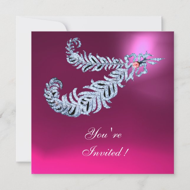 DIAMOND FEATHERS Pink Fuchsia Amethyst Champagne Invitation (Front)