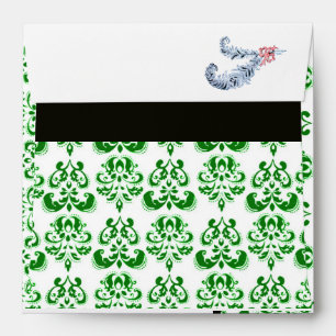 DIAMOND FEATHERS PINK GREEN BLACK AND WHITE DAMASK ENVELOPE