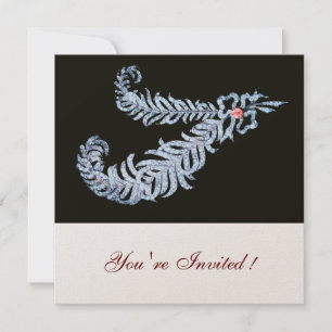 DIAMOND FEATHERS,PINK RIBBON Black White Wedding Invitation