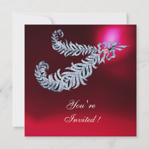 DIAMOND FEATHERS Red Burgundy Ruby Champagne Invitation