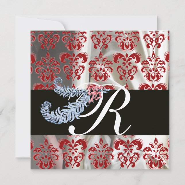 DIAMOND FEATHERS RED GOLD SILK DAMASK MONOGRAM INVITATION (Front)