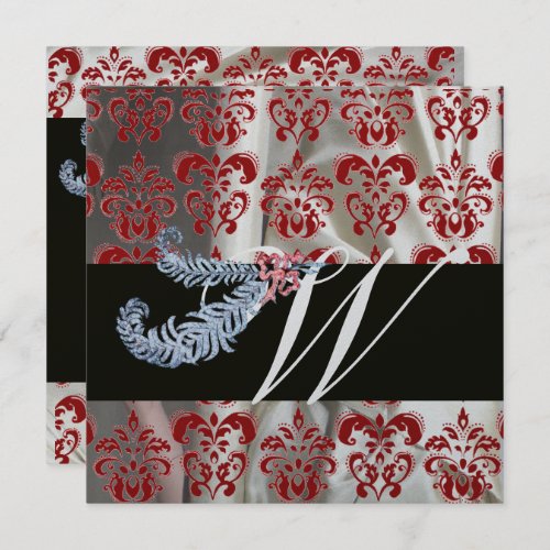 DIAMOND FEATHERS RED SILVER SILK DAMASK MONOGRAM INVITATION