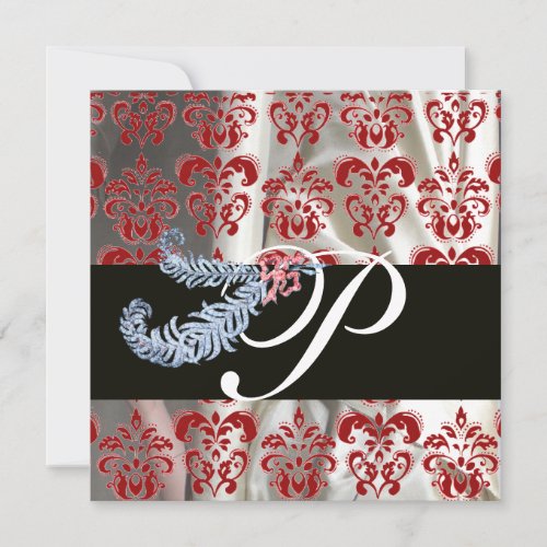 DIAMOND FEATHERS RED WHITE SILK DAMASK MONOGRAM INVITATION