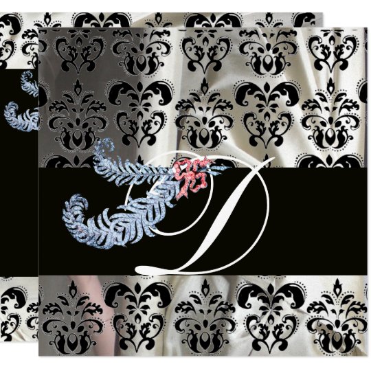 DIAMOND FEATHERS SILVER BLACK SILK DAMASK MONOGRAM CARD
