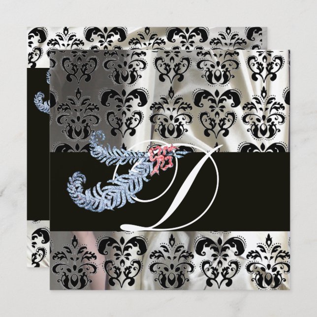 DIAMOND FEATHERS SILVER BLACK SILK DAMASK MONOGRAM INVITATION (Front/Back)