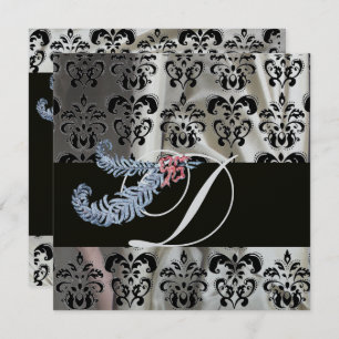 DIAMOND FEATHERS SILVER BLACK SILK DAMASK MONOGRAM INVITATION