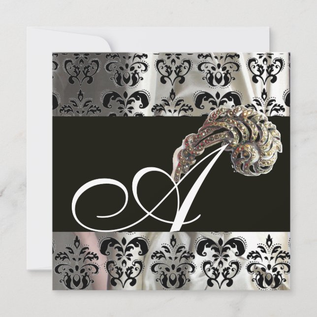 DIAMOND FEATHERS SILVER BLACK SILK DAMASK MONOGRAM INVITATION (Front)