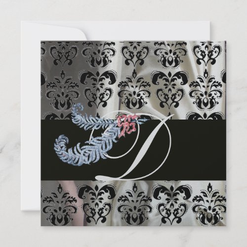 DIAMOND FEATHERS SILVER BLACK SILK DAMASK MONOGRAM INVITATION