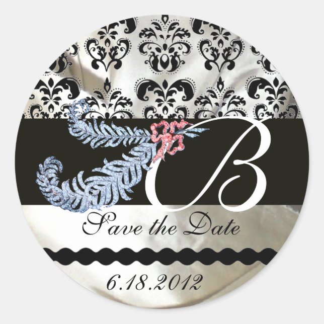DIAMOND FEATHERS WHITE BLACK SILK DAMASK MONOGRAM CLASSIC ROUND STICKER (Front)