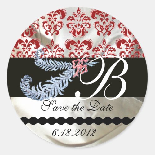 DIAMOND FEATHERS WHITE RED SILK DAMASK MONOGRAM CLASSIC ROUND STICKER