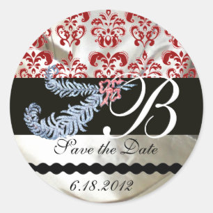 DIAMOND FEATHERS WHITE RED SILK DAMASK MONOGRAM CLASSIC ROUND STICKER