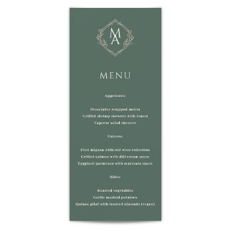 Diamond Floral Evergreen Monogram Wedding Menu