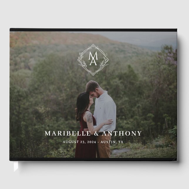 Diamond Floral Monogram and Photo Wedding Guest Book (Front)