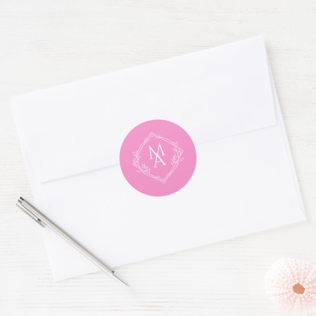 Diamond Floral Monogram Pink Wedding Classic Round Sticker (Envelope)