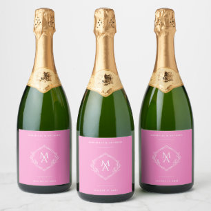 Diamond Floral Monogram Pink Wedding Sparkling Wine Label