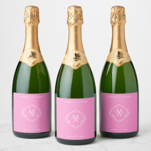 Diamond Floral Monogram Pink Wedding  Sparkling Wine Label