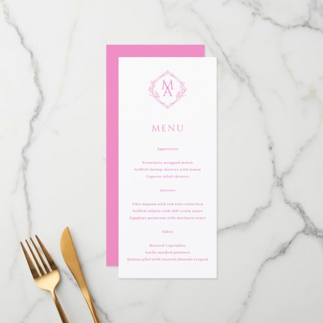 Diamond Floral Pink Monogram Wedding  Menu (Front/Back In Situ)