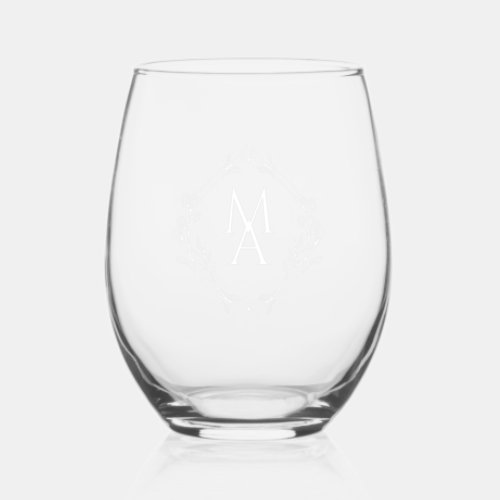 Diamond Floral Wedding Monogram Stemless Wine Glass