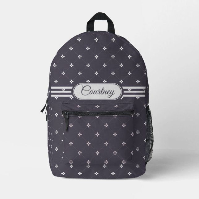 Diamond Floret Pattern on Dusty Plum with Name  Printed Backpack (Front)