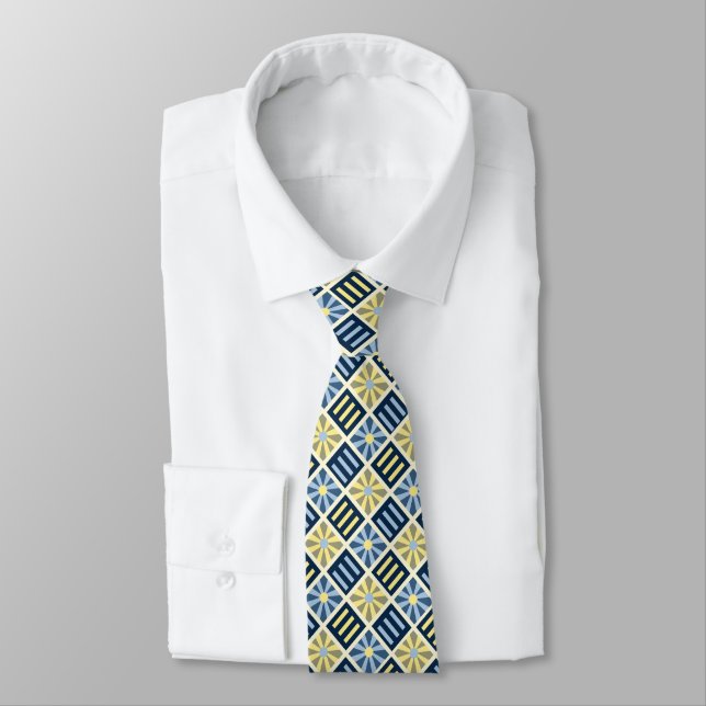 Diamond Flower Geometric Blue & Yellow Two-sided Neck Tie (Tied)