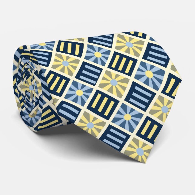 Diamond Flower Geometric Blue & Yellow Two-sided Neck Tie (Rolled)