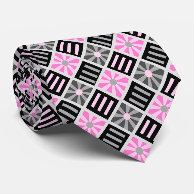 Diamond Flower Geometric Gray & Pink Two-sided Neck Tie (Rolled)