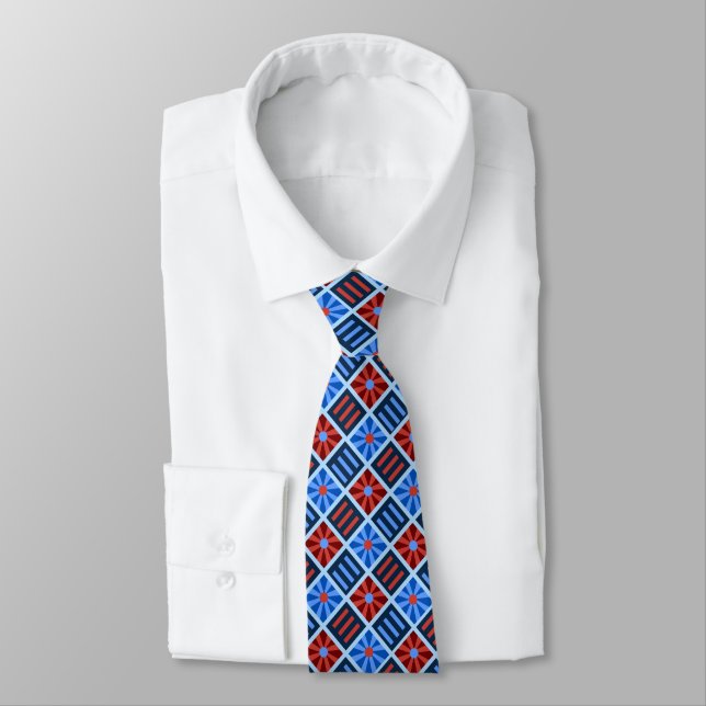 Diamond Flower Geometric Red & Blue Two-sided Tie (Tied)