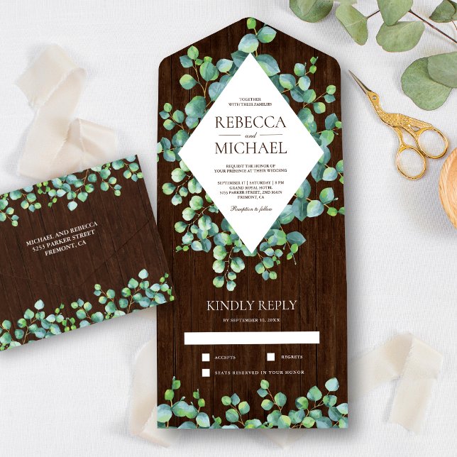 Diamond Frame Eucalyptus Leaves Barn Wood Wedding All In One Invitation (Creator Uploaded)