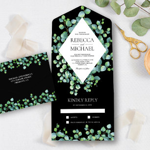 Diamond Frame Eucalyptus Leaves Black Wedding All In One Invitation