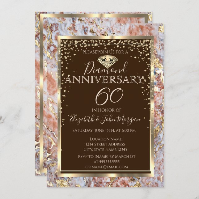 Diamond Frame Marble Glitter Wedding Anniversary Invitation (Front/Back)