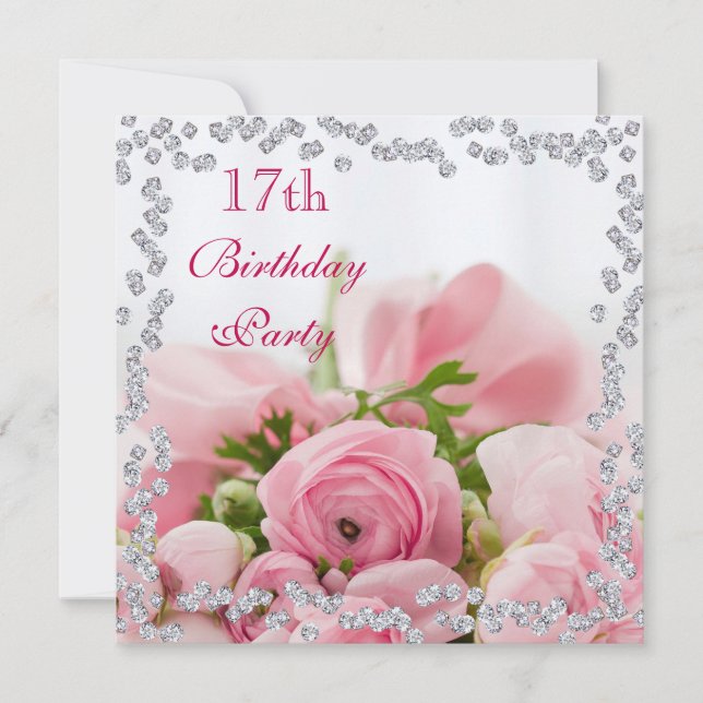 Diamond Framed Bouquet Of Pink Roses 17th Birthday Invitation (Front)