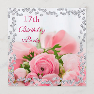 Diamond Framed Bouquet Of Pink Roses 17th Birthday Invitation