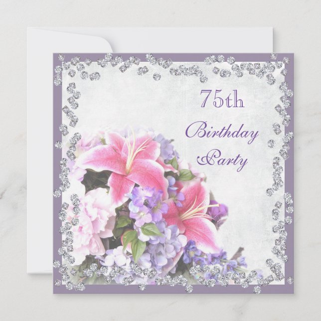 Diamond Framed Flowers 75th Birthday Invitation (Front)