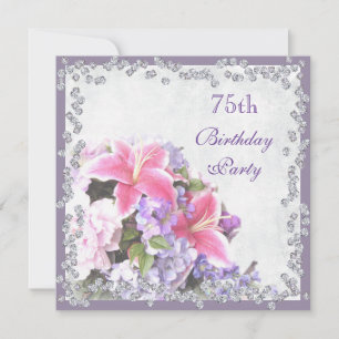 Diamond Framed Flowers 75th Birthday Invitation